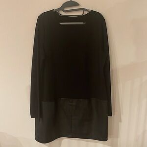 BCBGMAXAZRIA stretch ponte with long sleeves and a leather trim dress.